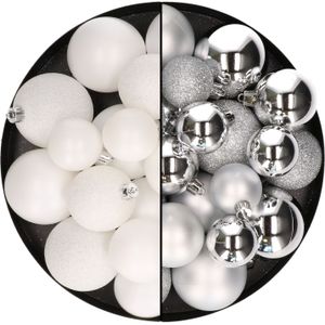 Kerstballen 60x stuks - mix wit/zilver - 4-5-6 cm - kunststof - kerstversiering