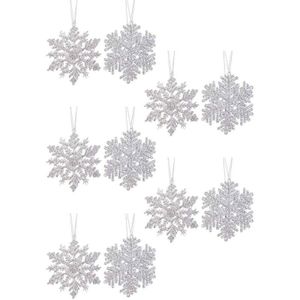 10x Kersthangers figuurtjes zilveren sneeuwvlok/ster 12 cm glitter - Sneeuw thema kerstboomhangers - Kerstboomversieringen koper