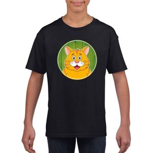 Kinder t-shirt zwart met vrolijke oranje kat print - katten shirt - kinderkleding / kleding