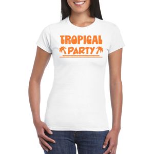 Bellatio Decorations Tropical party T-shirt dames - met glitters - wit/oranje - carnaval/themafeest