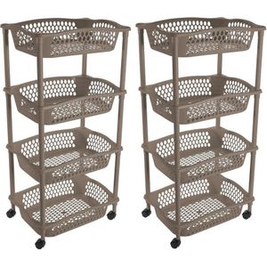 2x stuks keuken opberg trolleys/roltafels met 4 manden 86 x 41 cm taupe/beige- Etagewagentje met opbergkratten