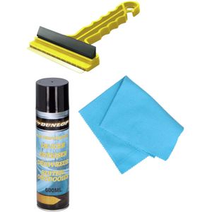 Autoramen IJskrabber met trekker geel 16 cm met anti-condens doek en ruitenontdooier spray 660 ml - Winter vorst accessoires