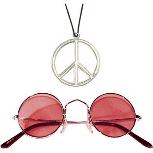 Widmann - Hippie Flower Power verkleed set peace ketting en ronde rode glazen party bril