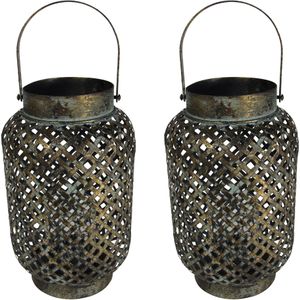 2x stuks vintage metalen lantaarns/windlichten met glas Luna Cross 30 cm - Tuindecoratie artikelen van metaal
