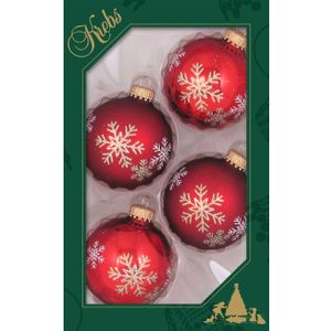 Krebs Kerstballen - 4 stuks - rood met sneeuwvlok - glas - 7 cm