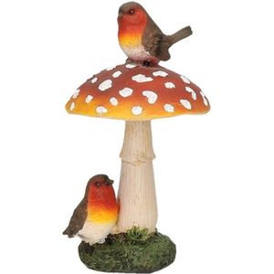 Decoratie beeldje van een paddestoel met roodborstjes vogels polyresin 16 cm - Herfst decoratie beeldjes voor binnen/buiten