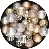 28x stuks kunststof kerstballen parel/champagne en zilver mix 3 cm - Kerstboomversiering
