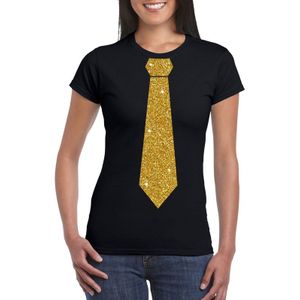 Zwart fun t-shirt met stropdas in glitter goud dames