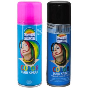 Set van 2x kleuren haarverf/haarspray van 111 ml - Zwart en Fluor Roze - Carnaval verkleed spullen