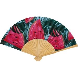 Spaanse handwaaier - Tropische zomer kleuren print watermeloen - bamboe/papier - 21 cm