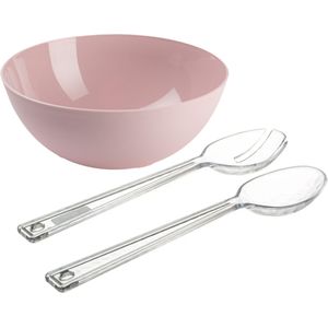 Salade serveer schaal - roze - kunststof - Dia 25 cm - inclusief sla couvert/bestek