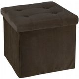 H&amp;S Collection Poef/hocker/krukje - opbergbox - donkerbruin - fluweel polyester - 38 x 38 cm