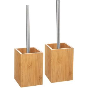 5Five - 2x stuks WC-/toiletborstels met houder vierkant bamboe 36,5 cm
