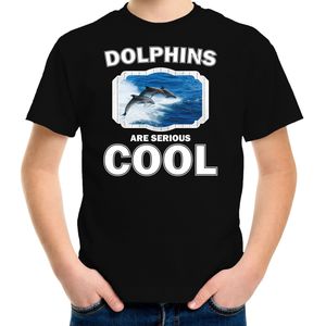 Dieren dolfijnen t-shirt zwart kinderen - dolphins are serious cool shirt  jongens/ meisjes - cadeau shirt dolfijn groep/ dolfijnen liefhebber - kinderkleding / kleding