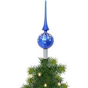 Piek/kerstboom topper - glas - H28 cm - blauw met sterren - Kerstversiering