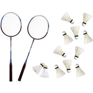 Badminton set zilver/blauw met 12x shuttles en opbergtas voor volwassenen