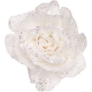 Witte rozen met glitters op clips 10 cm - kerstversiering