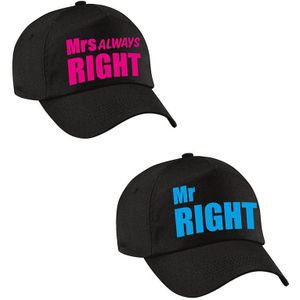 Mr Right en Mrs Always right petten / caps zwart met blauwe en roze bedrukking voor volwassenen - verkleedpet / feestpet voor koppels