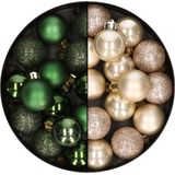 28x stuks kleine kunststof kerstballen donkergroen en champagne 3 cm - kerstversiering