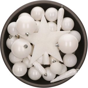 Set van 33x stuks kunststof kerstballen met ster piek parelmoer wit mix - Onbreekbaar - Kerstversiering/boomversiering