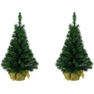 3x Volle mini kunst kerstboompjes/kunstboompjes in jute zak 35 cm  - Kunst kerstbomen / kunstbomen - Miniboompjes