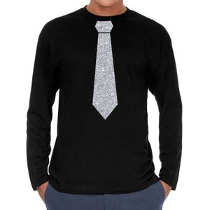 Zwart long sleeve t-shirt met stropdas in glitter zilver heren - zwart feest shirt met lange mouwen voor heren