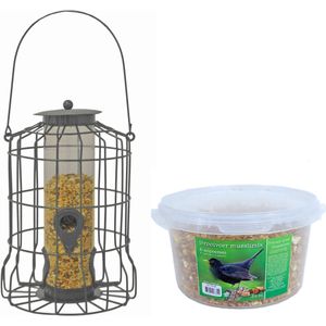 Vogel voedersilo voor kleine vogels metaal grijs 36 cm inclusief 4-seizoenen mueslimix vogelvoer - Vogel voederstation