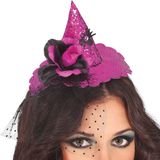 Halloween heksenhoed - mini hoedje op diadeem met sluier - one size - roze - meisjes/dames