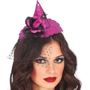 Halloween heksenhoed - mini hoedje op diadeem met sluier - one size - roze - meisjes/dames