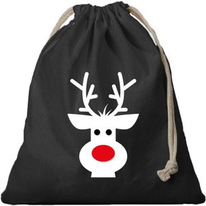 6x Kerst Rendier cadeauzakje zwart met sluitkoord - katoenen / jute zak - Kerst cadeauverpakking zakjes