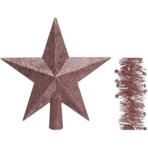 Kerstversiering kunststof glitter ster piek 19 cm en sterren folieslingers pakket oud roze van 3x stuks - Kerstboomversiering