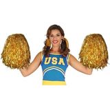 4x Stuks cheerball/pompom goud met ringgreep 33 cm - Cheerleader verkleed accessoires