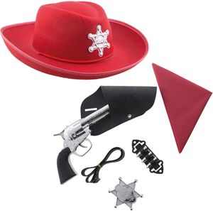Cowboys speelgoed/verkleed accessoires met cowboy hoed rood 6-delig