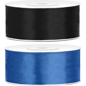 Bellatio Decorations 2x rollen satijn sierlint 2.5 cm x 25 meter blauw en zwart