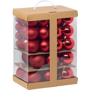 Feeric Kerstballen - 60ST - 4, 6, 7 en 8 cm - rood - kunststof - kerstballenpakket