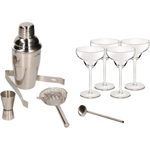 Cocktailshaker set RVS 5-delig inclusief 4x cocktail/margarita glazen 350 ml - Zelf cocktails maken