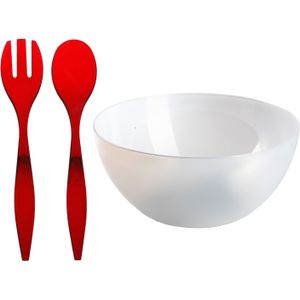 Plasticforte Salade/sla serveerschaal - transparant - kunststof - D28 cm - met sla bestek - rood - 29 cm