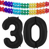 Folat folie ballonnen - Leeftijd cijfer 30 - zwart - 86 cm - en 2x slingers
