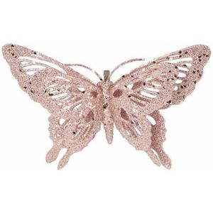 Cosy &amp; Trendy Kerstboomversiering roze glitter vlinder op clip 15 cm