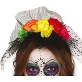 Halloween thema diadeem met bloemen en sluier - one size - zwart/kleuren - meisjes/dames