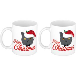 Set van 2x stuks cadeau kerstmokken Merry Christmas met grijze kat - 300 ml - mokken / bekers - kerstcadeau kattenliefhebbers