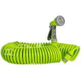 Flexibele spiraal tuinslang groen met sproeikop 15 meter - Tuingereedschap stretch/uitrek tuinslangen