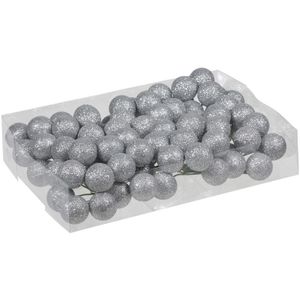 80x Zilveren glitter mini kerstballen stekers kunststof 3 cm - Kerststukje maken onderdelen