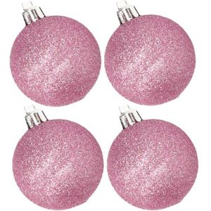 4x stuks kunststof glitter kerstballen roze 10 cm - Onbreekbare plastic kerstballen