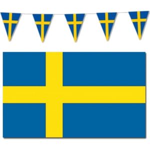 Versiering pakket vlaggen Zweden voor binnen/buiten - Vlag 150 x 90 cm en 3x stuks puntvlaggetjes vlaggenlijnen