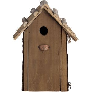 Houten vogelhuisje/nesthuisje koolmees rieten dakje 31 cm met kijkluik - vogelhuisjes tuindecoraties - Vogelnestje voor kleine tuinvogeltjes