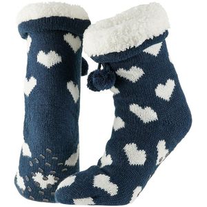 Apollo - Dames huissokken/slofsokken - navy/wit hartjes - maat 36-41 - Anti-slip