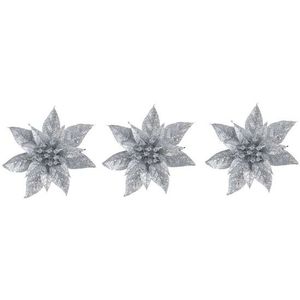 3x Kerstboomversiering op clip zilveren glitter bloem 15 cm - kerstboom decoratie - zilveren kerstversieringen