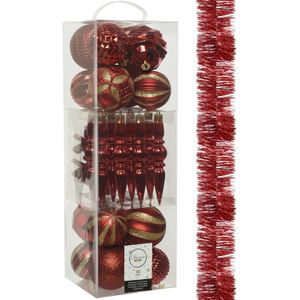 Decoris - kerstballen en slinger - 31x st - rood kunststof