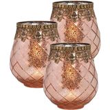 Set van 3x stuks glazen design windlicht/kaarsenhouder in de kleur rose goud met formaat 16 x 18 x 16 cm. Voor waxinelichtjes